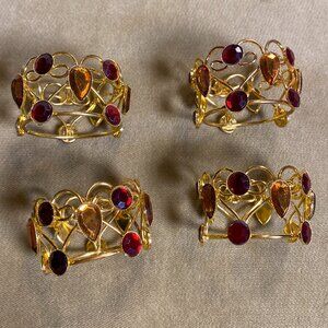 Jeweled Gold Holiday Napkin Rings Set of 4 – Red & Amber Gem Accents